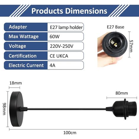 Lot de 6 Suspension E27 Avec Anneau à Vis, Câble Réglable 100CM, E27 Porte Lampe Suspension, Compatible Avec Abat-jour, pour Éclairage au Plafond Salon, Chambre(Noir)