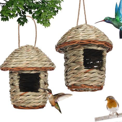 Casita para pájaros tejida a mano, 2 piezas de casitas para pájaros tejidas a mano, nido para pájaros hecho a mano, nido para pájaros hecho a mano para carboneros comunes, petirrojos (cuentas, E)