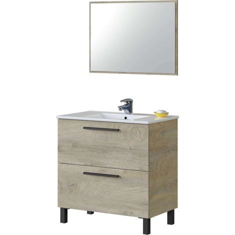 Meuble de Salle de Bain avec 2 tiroirs et Miroir Finition chêne Alaska 80 x 80 x 45 cm (1/5)