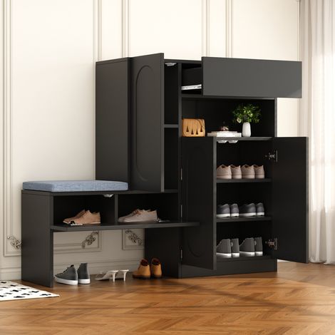 Mobile portascarpe con panca e vano contenitore, 130 x 33,5 x 110 cm, nero HAVRYA (1/5)