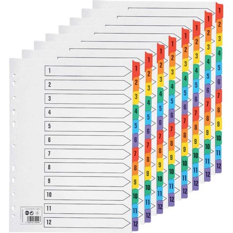 10Pcs Intercalaires A4, 1-12 Numéro de Pièce Diviseurs de Sujet A4 avec Onglets de Couleur Renforcés Perforés à 11 Trous pour Le Bureau à Domicile (1/5)