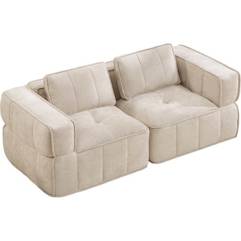 Sofá modular de 2 plazas beige de poliéster, asiento profundo, sin montaje (1/5)