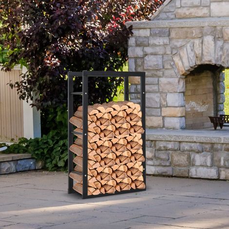 Kaminholzregal Metall 60 x 25 x 100 cm Brennholzregal Stapelhilfe Stahlrahmen bis 100kg Kaminholzunterstand Outdoor Holzregal Feuerholzregal für Garten Terrasse Außen Schwarz (1/5)