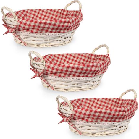 Juego de 3 cestas de mimbre redondas de color blanco, estilo shabby, con asas y forro de tela de cuadros (1/5)
