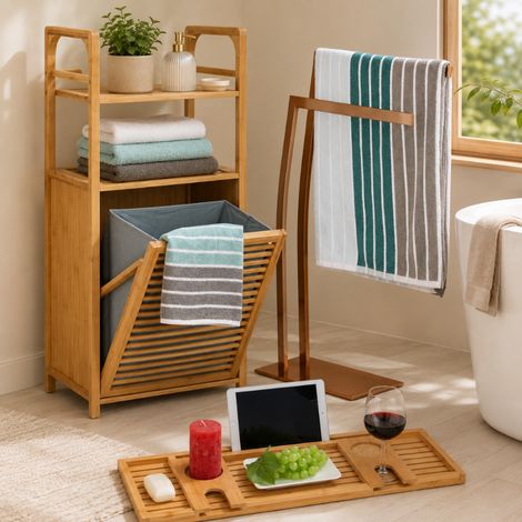 Juego de baño de lujo estilo spa (3 piezas): organizador de baño de bambú, estante para la cesta de la ropa sucia y toallero de acero inoxidable (1/5)