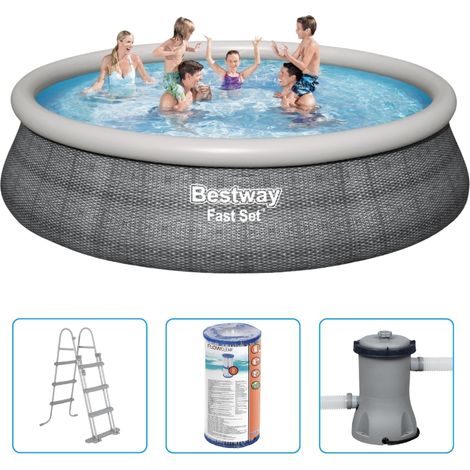 Piscine gonflable Bestway Fast Set - 457 x 107 cm - Imprimé rotin - Ronde - Avec pompe filtrante + échelle de piscine (1/5)