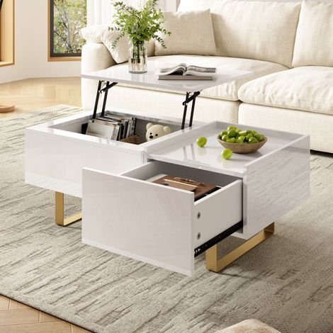 Mesa de centro elevable 100x50x54.5cm para salón - Mesa de centro con almacenamiento y cajón de mdf lacado brillante con patas de metal - Blanco y dorado (1/5)
