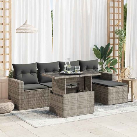 Ensemble de jardin en résine tressée gris 6 places avec table, sièges modulables et rangement (1/5)