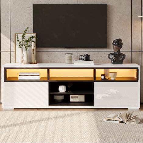 Meuble TV 150x35x50 cm avec LED et rangement, pour petit salon, 2 portes, passe-câbles, panneau blanc (1/5)