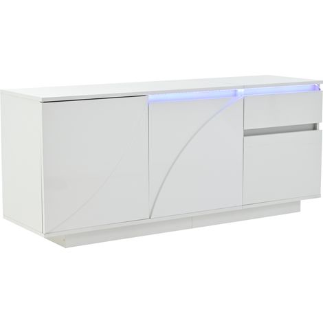 CAIziBuffet 1404060 cm avec 3 armoires, commode avec LED, buffet avec 1 tiroir, étagères réglables, meuble de salon haute brillance, MDF, blanc (1/5)