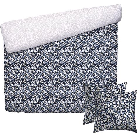 Parure de lit 3 Pièces 2 Personnes - Housse de Couette 240x220 cm et 2 Taie Oreiller 63x63 cm – 100% Satin de Coton, 80 Fils – Aube Florale – Bleu (1/5)