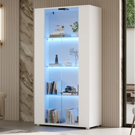Vitrina con 2 puertas de cristal, 4 estantes y LED regulable, blanca 80 x 36 x 150 cm (1/5)