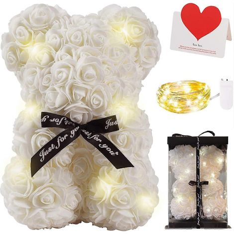 Rosenbär, Rosenbär-Teddyblume mit Lichtern, ideales Geschenk zum Valentinstag, Geburtstag oder Muttertag (Weiß) (1/5)