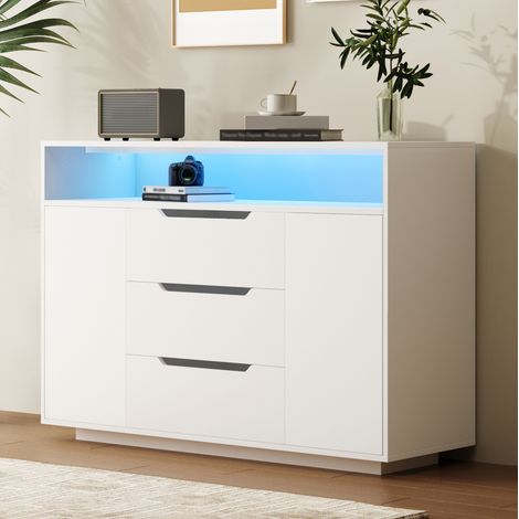 Credenza con vano aperto, 3 cassetti, ante e illuminazione LED, bianca, 120x40x85 cm (1/5)