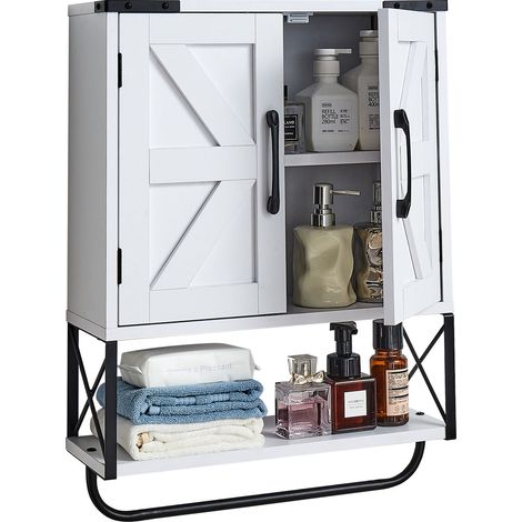 VEVOR Bathroom Wall Cabinet, with 2 Doors & Adjustable Shelf, Over the Toilet Storage Medicine Cabinet Wall Mounted, Hanging Organizer with Open Partition & Towel Bar for Laundry Room Kitchen, White (1/5)
