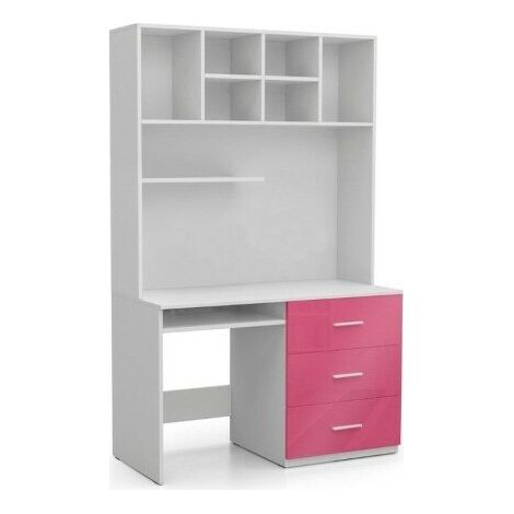 Mesa de oficina Campus, Blanco + Blanco brillante + Rosa brillante, Con cajones, Con un estante para teclado, Número de puertas: 0, Número de cajones: 3, 76x120x60cm
