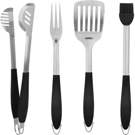 juego 4 utensilios para barbacoa, acero inoxidable con mango negro antideslizante aktive (1/5)