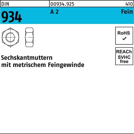 Sechskantmutter DIN 934 M 10 x 1,25A 2 (- 70) 50 Stück (1/2)