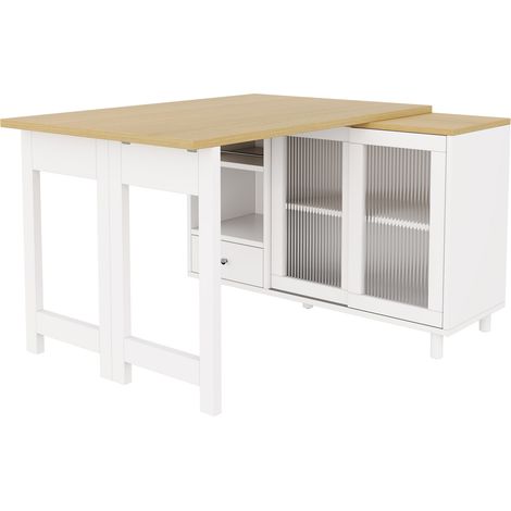 Table à manger pliante extensible avec rangement, plateau en verre rotatif 360°, MDF et acier, blanc et bois naturel (1/5)