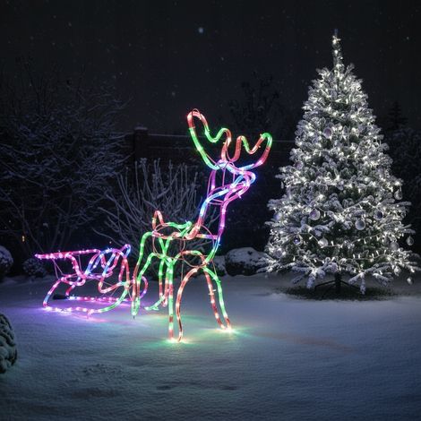 Rentier mit Schlitten, LED-Beleuchtung, bunte Weihnachtsdekoration für den Garten (1/5)
