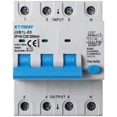 Interruttore Magnetotermico Differenziale 3P+N 25A 6KA 300mA 380V Occupa 4 Moduli DIN