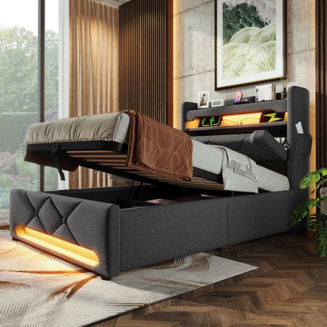 Bett 90x200 cm gepolstert in Grau aus Leinen mit 360° LED, USB-Kopfteil und Stauraum (1/5)