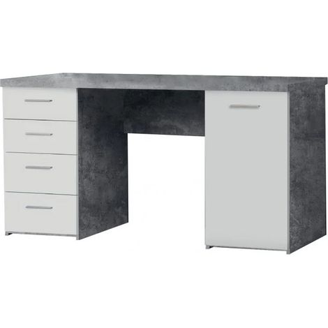 Bureau blanc avec 4 tiroirs et 1 porte décor béton gris - ALVIN (1/5)