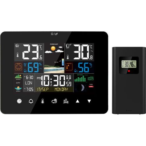 Wetterstation mit Sonnenaufgangs- und Sonnenuntergangsanzeige, Multifunktionswecker, Thermometer, Hygrometer, Touchscreen-Bedienung mit drahtlosem Außensensor, schwarz.