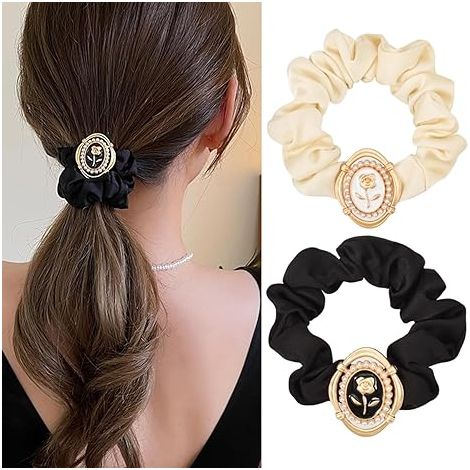 Lot de 2 chouchous vintage en satin de soie rose, élastiques à fleurs pour cheveux, chouchous floraux, élastiques en caoutchouc, accessoires de coiffure tendance pour femmes et filles, petit format, n (1/5)