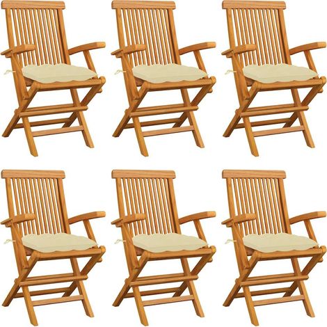 Lot de 6 Chaises de jardin avec coussins blanc crème - Chaise d'extérieur pour terrasse/jardin Teck massif BV256761 - BonneVie (1/5)