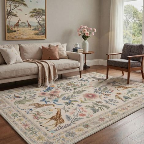 Tapis Salon Vintage 160x230cm Lavable en Machine Rug AntidéRapant Poil Ras, pour Chambre Salle a Manger Descente de Lit Bureau, Cuisine,Beige Savane Antique (1/5)