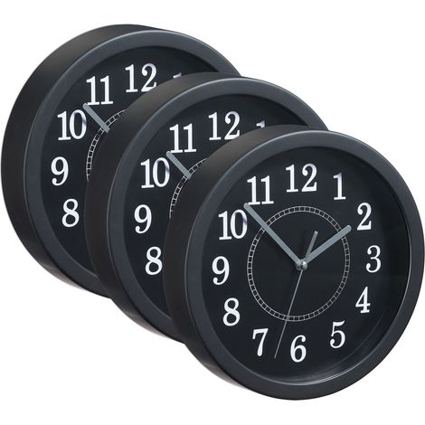Set de tres relojes de pared, Ø 20 cm, Diseño clásico, A pilas, Con segundero, Negro