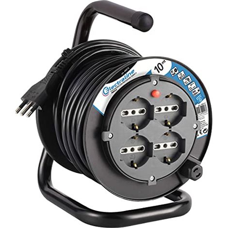 Electraline 49212 prolunga elettrica con avvolgicavo 10M 4 prese polivalenti P40 (Schuko + 10/16A), spina grande 16A, con protezione