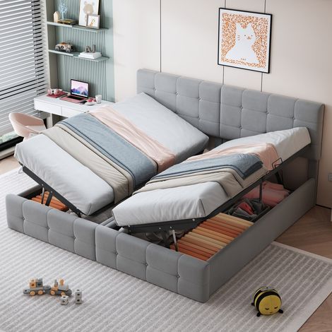 Lit double 180x200 rembourré velours gris, haut coffre hydraulique multifonctionnel, design moderne et doux (sans Matelas) (1/5)
