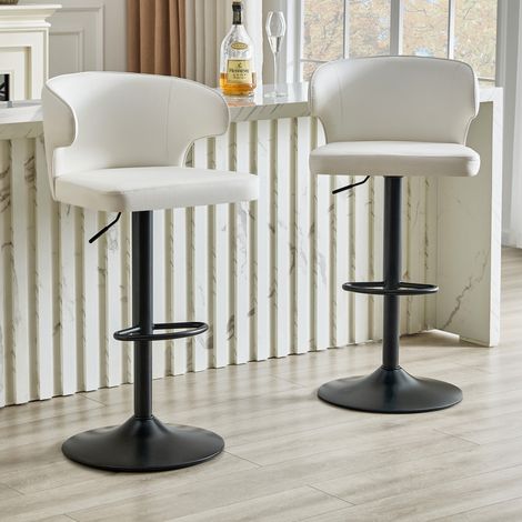 Set di 2 sgabelli da bar con schienale, seduta girevole 360°, altezza regolabile, base ampia, PU bianco (1/5)