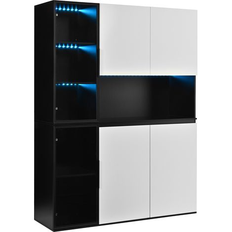 GagaVitrine haute noire et blanche, LED, MDF, grand rangement (1/5)