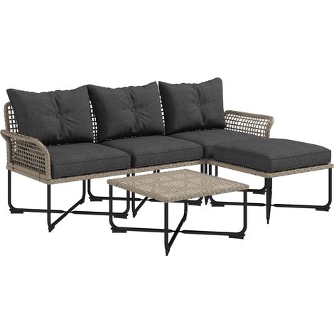 Ensemble de jardin 5 pièces en rotin, Meuble avec 2 chaises latérales 65 x 65 x 72 cm, chaise centrale 60 x 65 x 72 cm et 2 tabourets/tables basses 60 x 60 x 31 cm, couleur bois et gris (1/5)