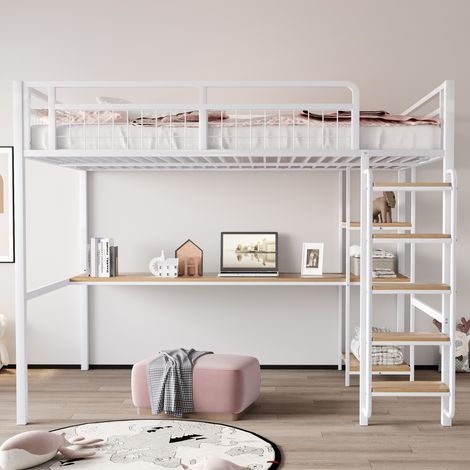 Letti a soppalco 140x200cm, letto in metallo con struttura anticaduta e scrivania, senza materasso, nero, letto matrimoniale