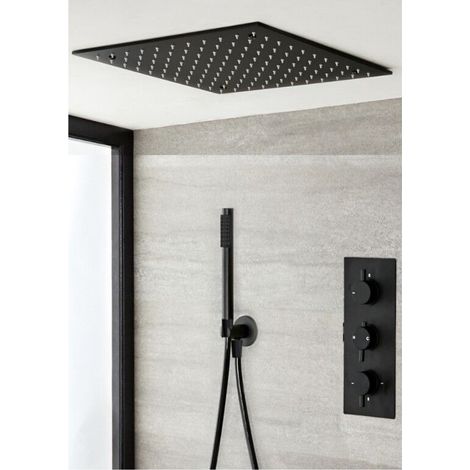 Milano Nero Black Concealed Triple Thermostatic Mixer Shower Valve with 400mm Square Ceiling Mounted Recessed Rainfall Shower Head and Hand Shower Handset Kit