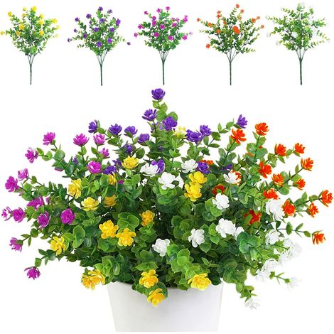 Set mit 5 künstlichen Blumensträußen, UV-beständige Grünpflanzen für den Außenbereich, Innenbereich, Balkon, Garten, Büro, Hochzeit, Partydekoration (Weiß)
