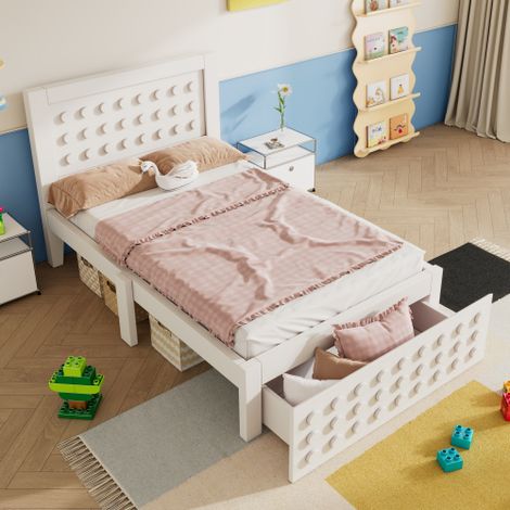 Letto singolo 90x200 cm, letto per bambini con cassetti e struttura in legno massello, bianco, senza materasso
