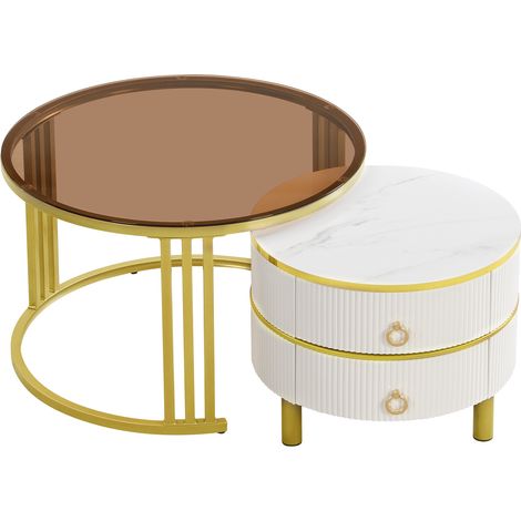 Ensemble de 2 tables basses rondes 70x70x45 cm et 50x50x40 cm en MDF et verre trempé blanc et brun avec 2 tiroirs (1/5)