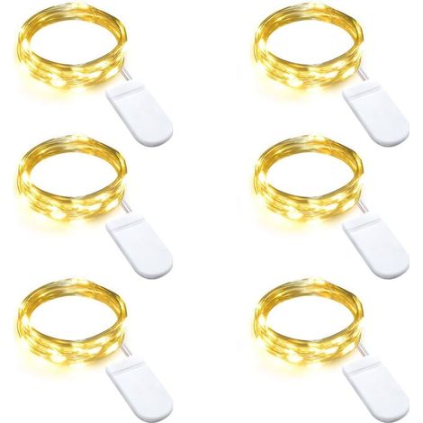Lot de 6 guirlandes lumineuses à piles (5 m) 50 LED, mini guirlandes lumineuses à LED en fil de cuivre, étanches pour intérieur (1/5)