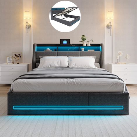 Lit Coffre 160 x 200, Lit Double avec Sommier, Chambre complete adulte, Rangement dans la Tête de Lit Capitonné, LED et USB,Lin Gris