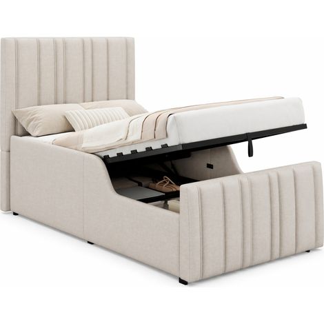 CHICFURN Cama infantil 90 x 200 cm con somier, cama tapizada hidráulica con gran espacio de almacenaje, cabecero acolchado, color beige, tela resistente (1/5)