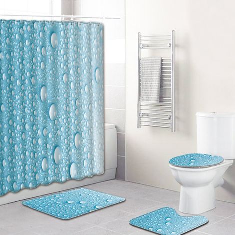 Ensemble rideau de douche à motif goutte d'eau bleue, ensemble tapis de bain artistique, ensemble de décoration de salle de bain 70x70, accessoires de salle de bain 4 pièces, rideau de douche antidéra (1/5)