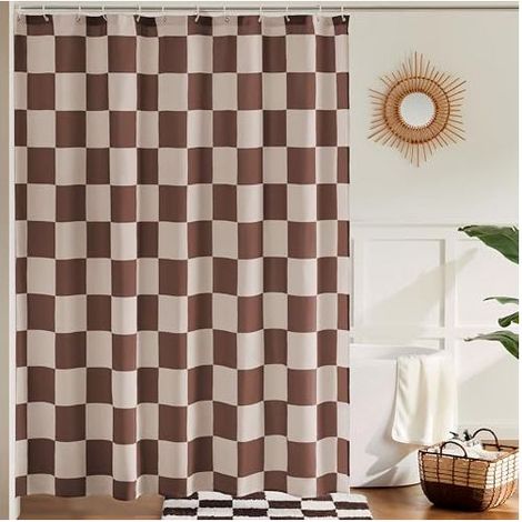Rideau de douche à carreaux kaki beige pour salle de bain, joli rideau de douche rétro à carreaux vintage esthétique, rideau de bain en tissu lavable 183 x 183 cm (1/4)