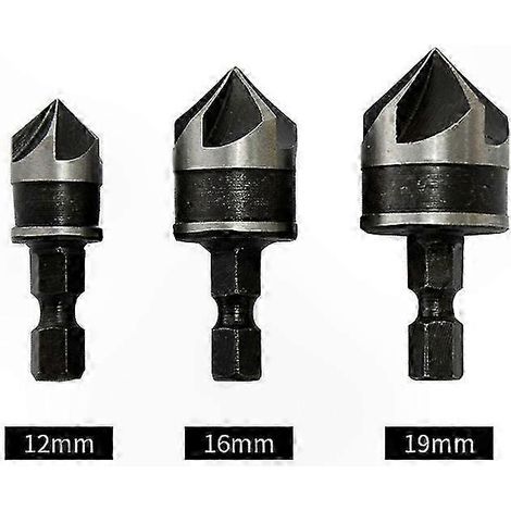 Jeu de 3 fraises à chanfreiner à 90°, pour perçage et fraisage, tailles 12mm 16mm 19mm, outillage de précision pour métaux et bois. (1/4)