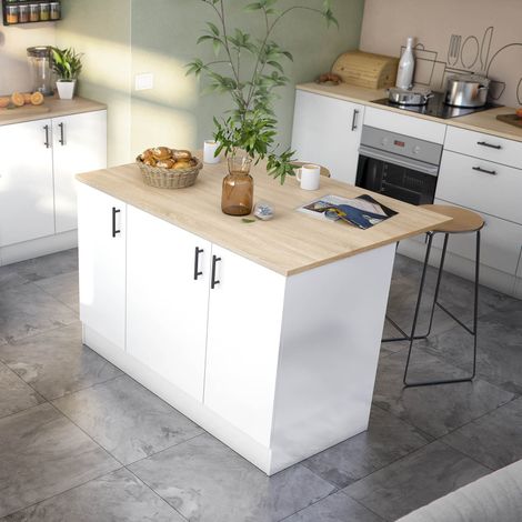 Isla de Cocina Siha, Mueble Despensa 3 Estantes, 6 Compartimientos, Puerta Abatible, 138x94x90h cm Blanco Brillante (1/5)