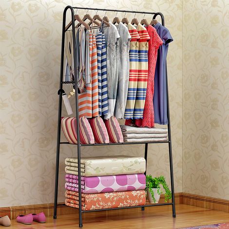 Kleiderständer aus schwarzem Stahl mit 2 Multifunktions-Schuhregal für den Innenbereich 59,5×36,5×160 cm